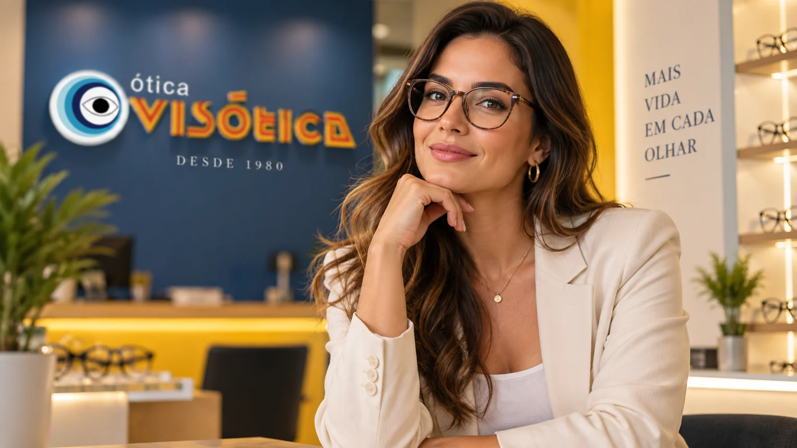 Cena editorial da Visótica com cliente usando óculos